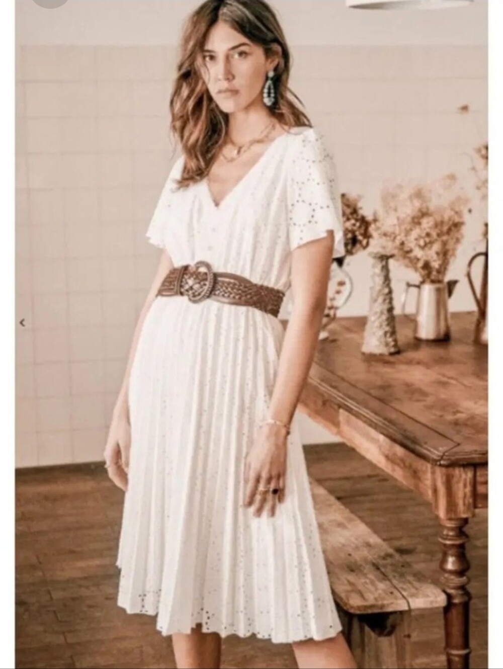 Sézane Isidore White Eyelet Lace Pleated Midi Dress